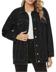 PUWEI Women's Oversized Denim Jacket Distressed Lapel Button Up Long Sleeve Jean Jacket with Pockets