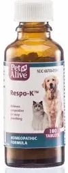 PetAlive Respo-K Tablets - Natural Homeopathic Formula for Pet Respiratory and Cold Symptoms - Reduces Sneezing, Coughing Watery Eyes, Runny Nose and Congestion in Dogs and Cats - 180 Tablets