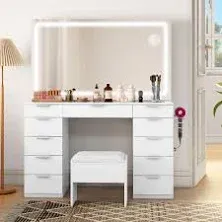 Yitahome Vanity Desk Set with Large LED Mirror & Power Glass Top Vanity with 11 Drawers and Magnifying Glass