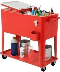 Giantex Rolling Cooler Cart, 80qt Outdoor Cooler with Locking Wheels, Storage Shelf, Bottle Opener, Drain Plug, Patio Beverage Bar Cooler Trolley Ice Chest for Party Cookouts BBQ (Red)