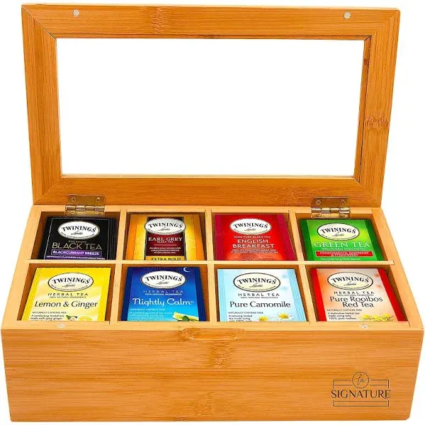 Natural Bamboo Tea Box Storage Organizer- 8 Compartments Tea Bag Holder with Clear Acrylic Window- Natural Wooden