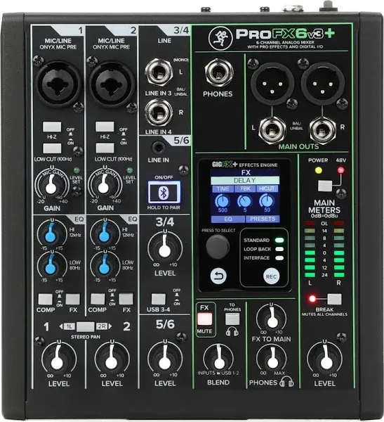 Mackie ProFX6v3+ 6-Channel Analog Mixer with Enhanced FX, USB, and Bluetooth