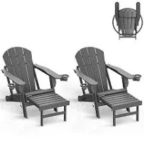 Adirondack-Chairs-with-Ottoman | Set of 2 | Folding | Retractable-Footrest | HDPE Plastic | All Weather Fire Pit Chair | Cup Holders | Grey | for Outdoor Poolside