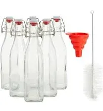 6 Pack 16 oz Glass Bottles with Swing Top Lids, Brush, and Funnel (Square Base)