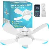 Socket Fan Light with Remote, Screw Ceiling Fans with Lights, 5 Reversible Bl...