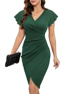 Machico 2024 Women's Sexy V Neck Ruffle Sleeve Faux Wrap Ruched Bodycon Sheath Cocktail Party Work Dress