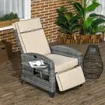 Outsunny Outdoor Recliner Chair with Cushion, PE Wicker Reclining Patio Lounge Chair with Adjustable Footrest - Khaki