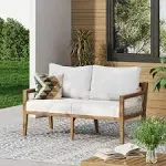 Nathan James Freya Bohemian Wood Loveseat, Upholstered Loveseat Sofa for Patio, Solid Acacia Wood Frame, White/Light Brown