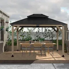 Aoodor 12 x Wood Gazebo,Outdoor Upgrade Cedar Wooden Frame Gazebo with 2-Tier Galvanized Steel Roof