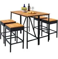  5 Piece Patio Acacia Wood Bar Set with Foldable high Table and 4 Rattan 