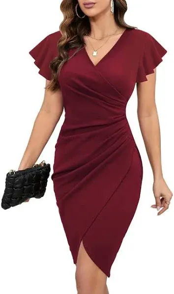 Machico 2024 Women's Sexy V Neck Ruffle Sleeve Faux Wrap Ruched Bodycon Sheath Cocktail Party Work Dress