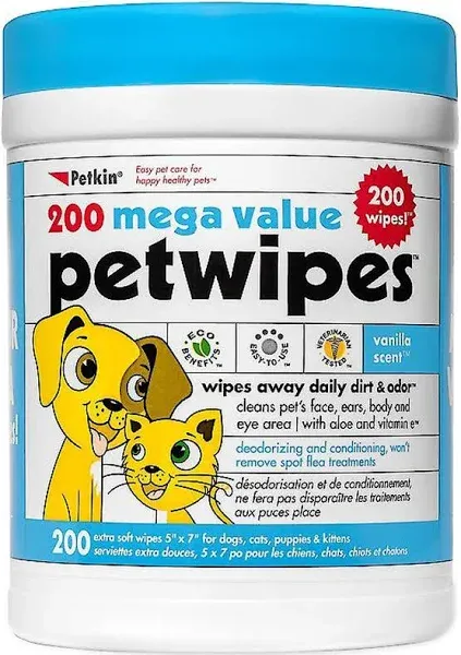 Petkin Mega PetWipes, 200 Wipes - Pet Wipes for Dogs and Cats - For Face, Paws, Ears, Body and Eye Area - Super Convenient Dog Cleaning Wipes, Ideal for Home or Travel - Easy to Use