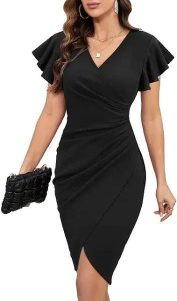 Machico 2025 Women's Sexy V Neck Ruffle Sleeve Faux Wrap Ruched Bodycon Sheath Cocktail Party Work Dress