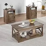 Amerlife Arthur Table Set Farmhouse 3-Piece USB Ports Coffee Table End Tables