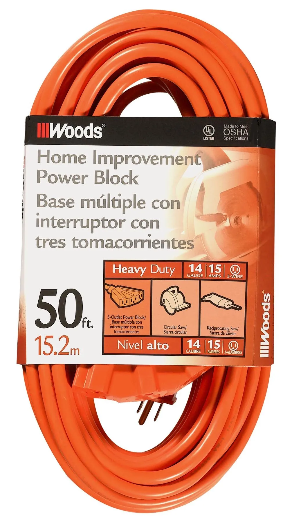 Coleman Cable 0826 3 Outlet Power Block, 14/3 X 50 Ft, Orange Sleeved