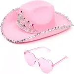 Pink Cowgirl Hat with Heart Glasses - Pink Cowboy Hat with Tiara Crown - FUNCREDIBLE