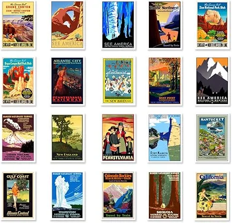 USA VINTAGE TRAVEL POSTERS postcard set of 20. Post card variety pack of Unit...