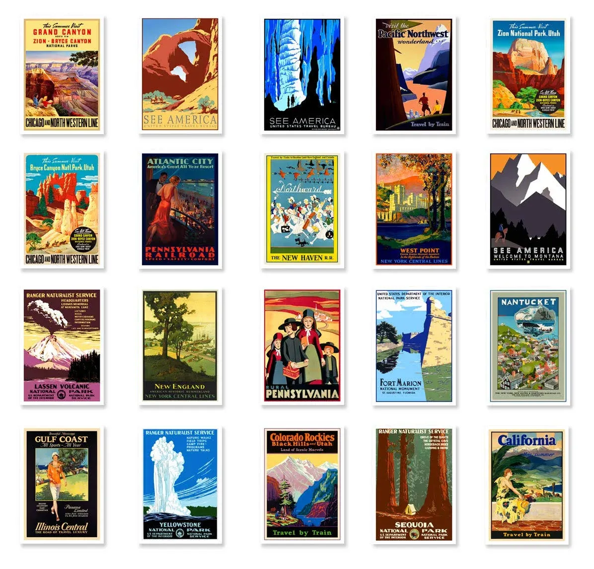 USA VINTAGE TRAVEL POSTERS postcard set of 20. Post card variety pack of Unit...