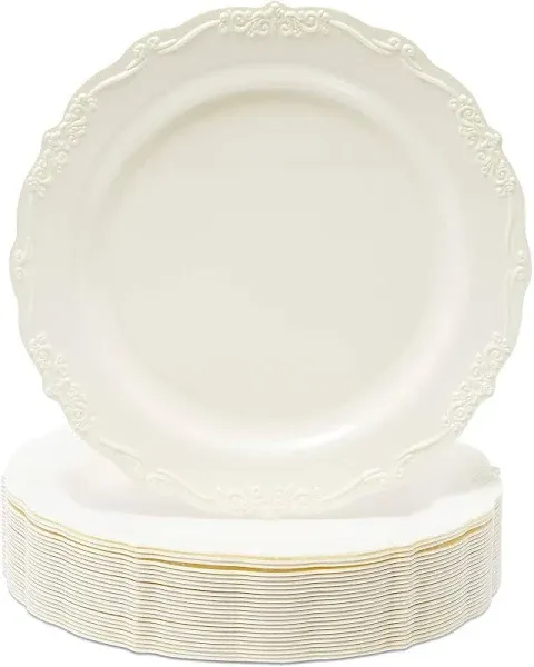 Juvale 25-Pack Cream Vintage Plastic Dinner Plates for Weddings and Parties, Elegant Tea Party Plates, Disposable Dinnerware for Birthdays and Baby Showers, Wedding Party Supplies, 9x9 Inch