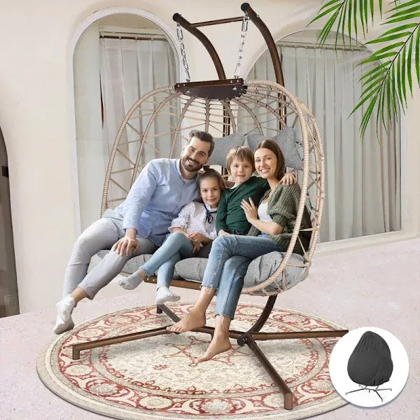 NICESOUL® 2 Person Hanging Chair with Stand Large Hanging Egg Shaped Chair Oversized Double Egg Patio Swing Chair Gray Rattan Wovend Premium Navy Blue Olefin Cushions 510 Lbs Capacity