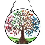 Glasseam Tree of Life Stained Glass Suncatcher Four Seasons Theme Colorful Leaves Window Wall Hanging Ornament Hand-Painted Glass Panel Decor Birthday