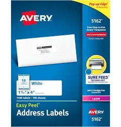 AVERY Easy Peel White Address Labels W- Sure Feed Technology, Laser Printers, 1.33 X 4, White, 14-sheet, 100 Sheets-box