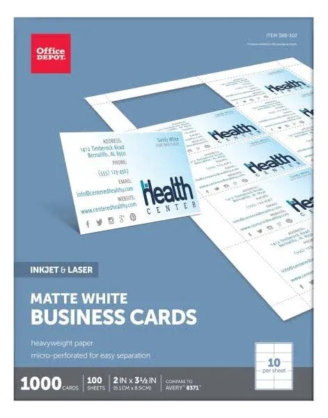 Office Depot Matte Business Cards, 2in. x 3 1/2in., White, Pack Of 1,000, 23003