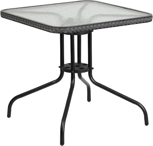 28'' Square Tempered Glass Metal Table with Rattan Edging - 28"W x 28"D x 28"H (Table Only) - 28"W x 28"D x 28"H