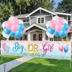 Gender Reveal Yard Sign,Boy or Girl Banner and Blue Pink Balloons,What Will Baby