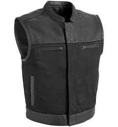 Men&#039;s Black Denim &amp; Leather Motorcycle Vest gun Pockets Premium Biker Club Vest