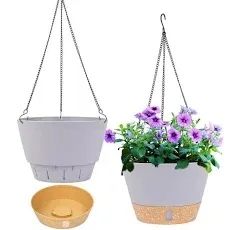 QCQHDU 2 Pack Hanging Planters for Indoor Plants,8 Inch Plant Hanger with Drainage Hole and Chain,Plastic Hanging Flower Pot with 3 hooks for Indoor Outdoor Garden Home Patio Decor (Gray)