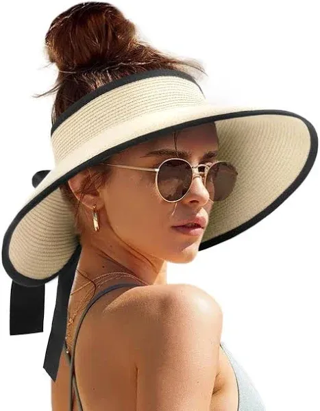 Camptrace UPF 50+ Sun Visors for Women Wide Brim Beach Hat Foldable Straw Visor Hat Ponytail Summer Packable