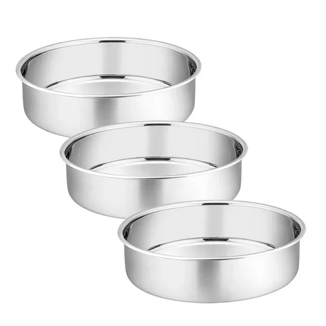 P&P CHEF 6 Inch Round Cake Pan, 3-Pieces Stainless Steel Oven Baking Pans, Heavy Duty & Non Toxic, One-piece Construction & Straight Side, Mirror Finish & Dishwasher Safe