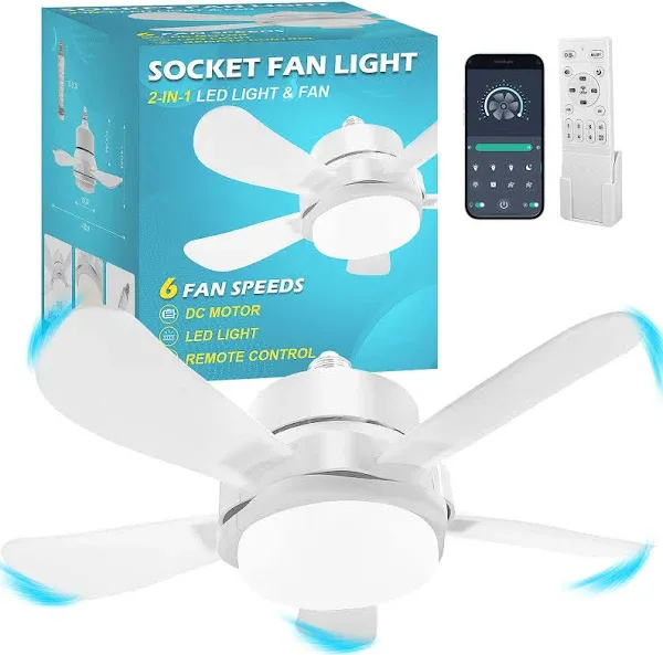 Socket Fan Light With Remote, Screw Ceiling Fans with Lights, 5 Reversible Blades, Quiet 6-Speed DC Motor, Dimmable Socket Fan for Garage Bathroom Kitchen, 6000 Kelvins As Seen On TV (White) (White)