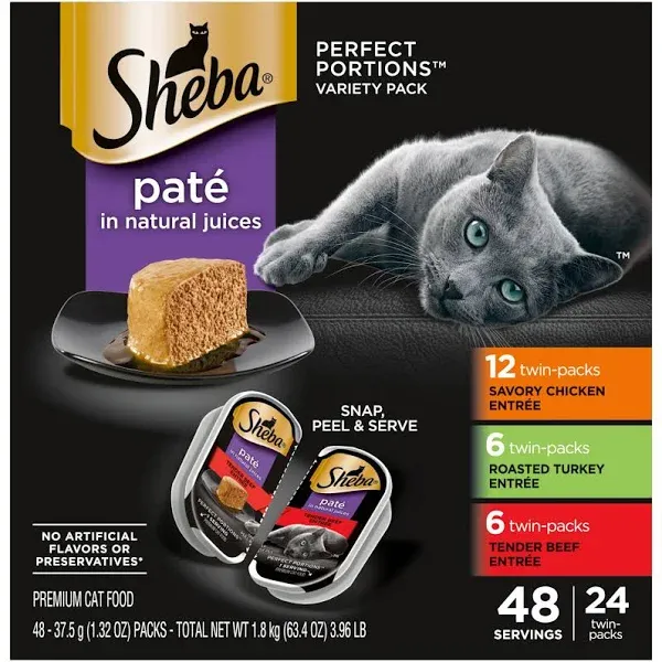 Sheba Perfect Portions Turkey Entree Wet Cat Food Trays, 2.6 oz., Case of 24 Twin Packs