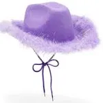 Zodaca Purple Cowboy Hat with Feathers for Women, Men, Fluffy Cowgirl Hat for Halloween Costume, Birthday, Bachelorette Party