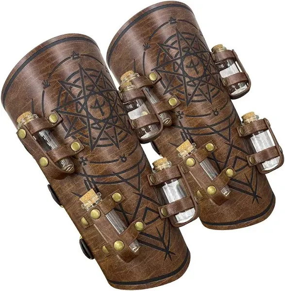 HiiFeuer Medieval Embossed Alchemy Bracers with 8 Cork Vials Fantasy Faux Lea...