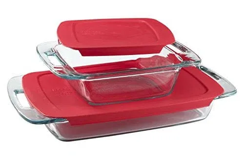 Pyrex Easy Grab 4-piece Rectangular Glass Bakeware Set with Red Lids, Clear