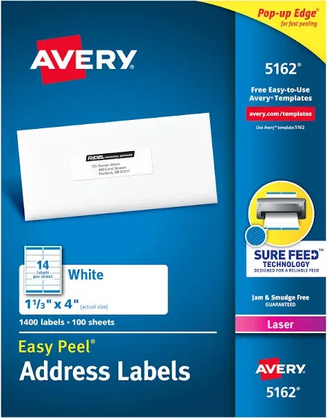 Avery Mailing Address 5162 Labels Laser 1  1/3”x 4” White 100 Sheets Sealed