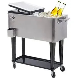 Nattork Portable Rolling Cooler Cart 80 Quart cooler cart, Ice Chest Cart Trolley Rolling Cart Cooler with Wheels Outdoor Beverage Cooler for Patio Ice Chest with Shelf, Water Pipe and Bottle Opener