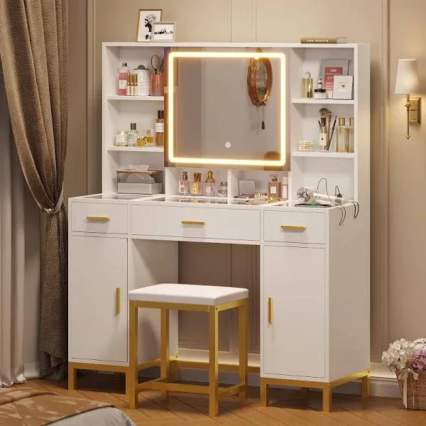 VIAGDO Vanity Desk with Openable Mirror, Lights, Glass Tabletop Makeup Vanity Set, Charging