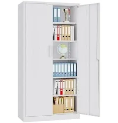 Metal Storage Cabinet with Lock,Tall White File Cabinet with 2 Doors and 5 Adjustable Shelves,Steel Storage Cabinets for Garage,Home Office,Pantry,School,Hospital