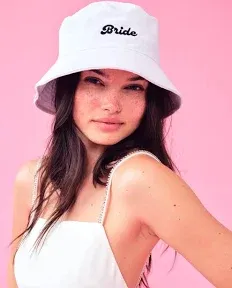 xo, Fetti Bachelorette Party Decorations White Bride Bucket Hat | Bridal Gift, White and Black Embroidered, Cotton, Engagement