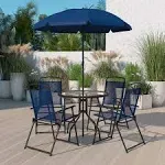 6 Piece Navy Patio Garden Set with Umbrella Table and Set of 4 Folding Chairs