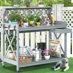 YITAHOME Outdoor Garden Workstation Table with Drawer, Potting Bench Table w/exposed Rack, Hanger, PVC Water-Resistant Mat, Grey