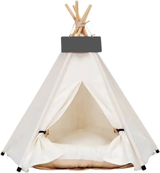 Scnbom Pet Teepee Dog & Puppy Cat Tents Tipi Bed Portable Houses with Thick Cushion for Pets Up to 20lbs