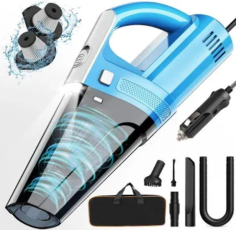 Car Vacuum, Portable Car Vacuum Cleaner with 7000PA Suction, DC 12V High Power 16.4Ft Cord Wired Vacuum Cleaner for Car, LED Light, Lightweight, 0.33L Capacity, Storage Bag - Blue