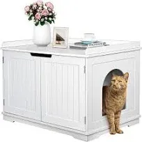 ZENY Cat Litter Box Enclosure, Cat Litter Box Furniture Hidden, Wooden Cat Litter Cabinet with Divider, Modern Cat Washroom Storage Bench，Fit Most of Litter Box, White