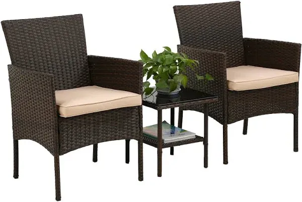 Patio Bistro Conversation Set Wicker Furniture 2 Rattan Chairs Cushions and G...