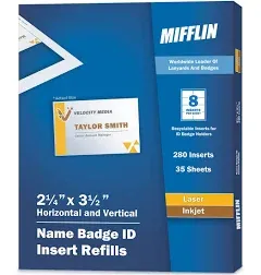 Mifflin-USA Name Badge Inserts, 2.25x3.5" or 3.5x2.25" Badge Inserts (280 Cardstock Refills, 35 Sheets), Compatible with Inkjet, Laser Printer, and